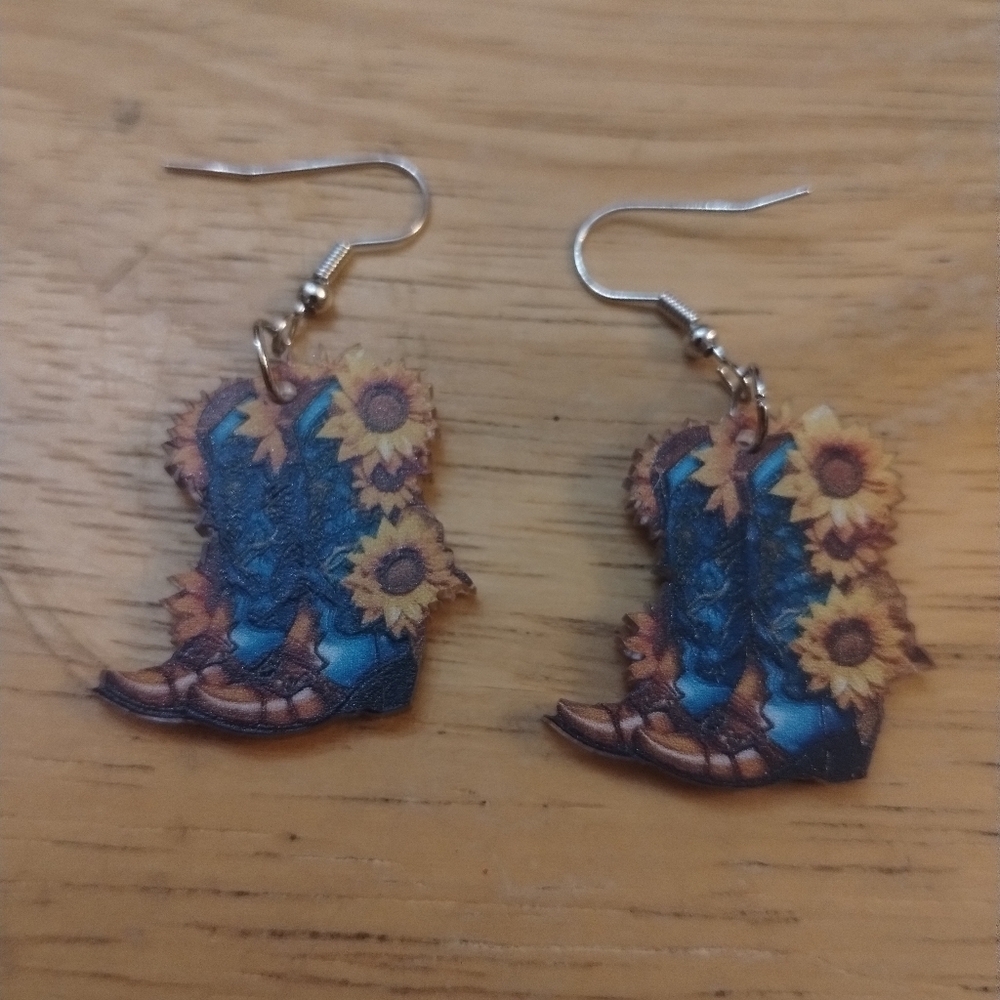 New cowgirl boots sunflower women's 2d acrylic design fashion earrings